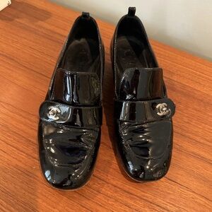 CHANEL Black Patent Leather Loafers with Silver CC Hardware